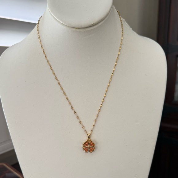 Pave set orange crystal gold plated stainless steel clover pendant and chain - Picture 3 of 8